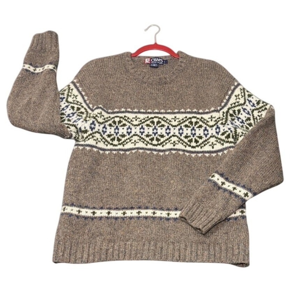Chaps Ralph Lauren Shetland Wool Fair Isle Sweater Mens Large Brown Vintage